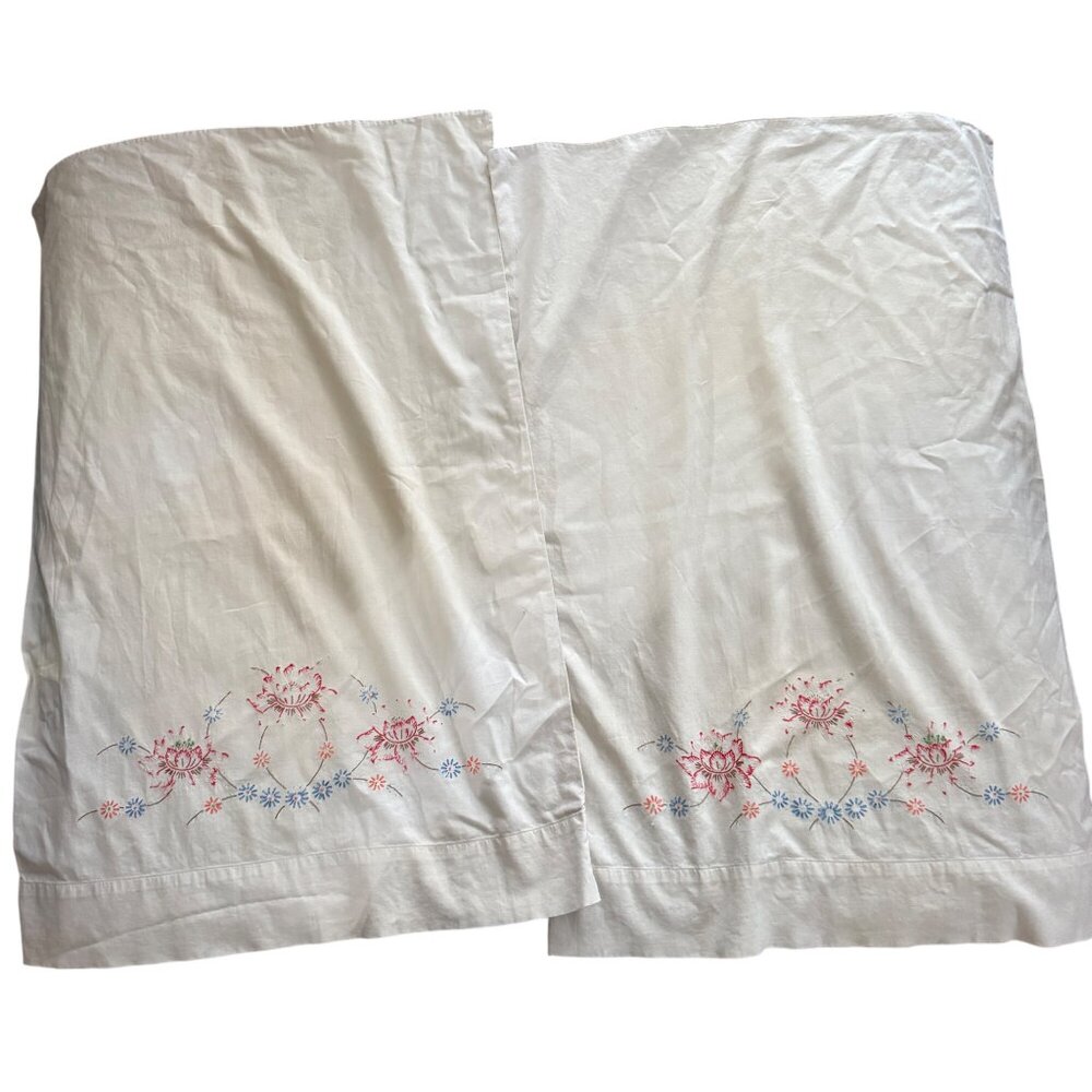 Vintage White Cotton Pillowcases With Embroidered Pink & Blue Floral Design
